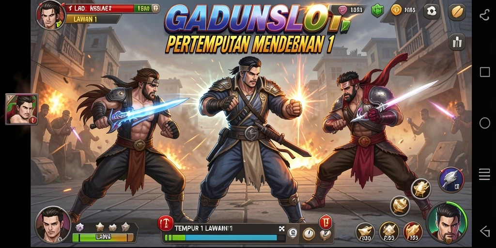 Antarmuka permainan <strong>GADUNSLOT</strong> yang menampilkan pertarungan 1 lawan 1 yang intens.