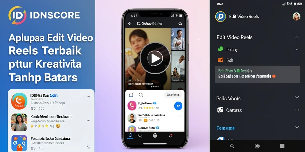 Antarmuka IDNSCORE menunjukkan berbagai alat pengeditan video Reels yang lengkap.